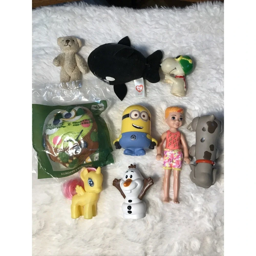 Lot Of 9 Toys For Girls TY, Chelsea, Minion, Snoopy, Olaf, Pound Puppy, Yu-Gi-Oh